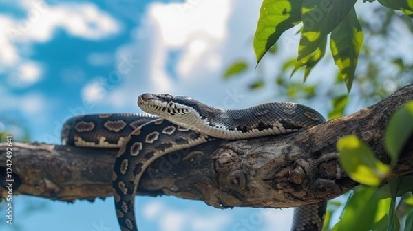 Fototapeta Python lounging on a tree branch under the open sky