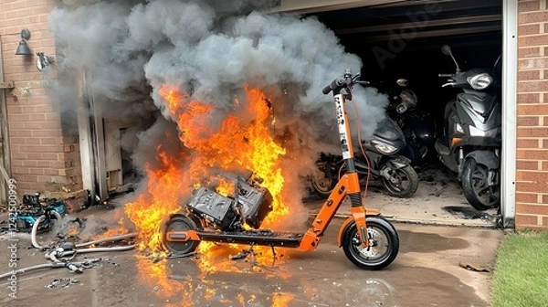 Fototapeta Dramatic scene of smoke billowing out of a garage as an electric scooter s battery catches fire causing a fiery accident with flames and debris scattered throughout the space