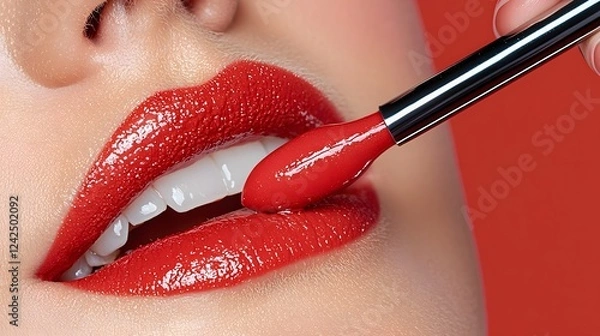 Fototapeta Extreme close up shot of a glossy intense red lipstick being delicately applied to soft luscious female lips against a vibrant red backdrop showcasing the product s luxurious texture and alluring