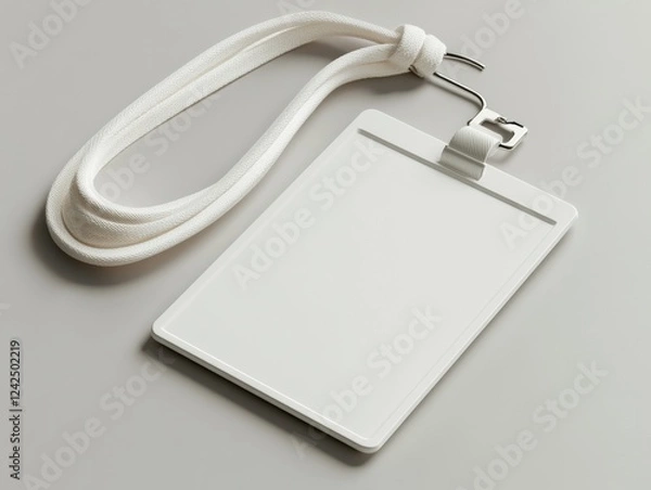 Fototapeta Blank Identification Badge with White Neck Lanyard on Gray Surface for Personalized Customization