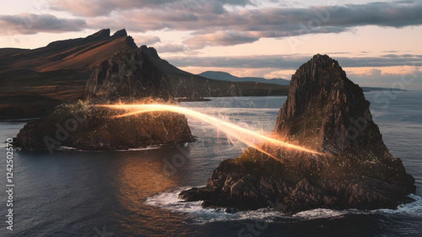 Fototapeta A radiant bridge forming between two distant islands, glowing with energy.