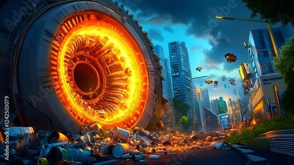 Fototapeta futuristic cityscape: glowing engine wreckage - cyberpunk