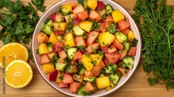 Obraz Fresh colorful fruit salad with different vegetables and herbs top view