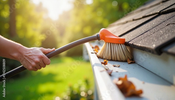 Fototapeta A close-up of a person using a long brush to clean roof gutters from fallen leaves, symbolizing house upkeep and autumn preparation
