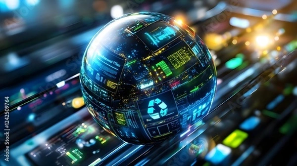 Fototapeta global data sphere, recycling tech, futuristic - sustainable techno.