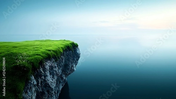 Fototapeta Green Grassy Cliff Overlooking Calm Ocean