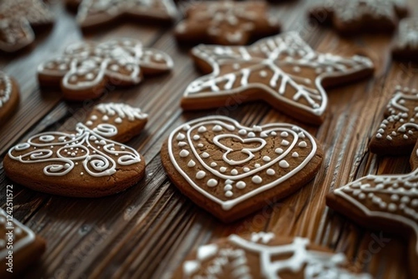Fototapeta Decorative gingerbread cookies displayed on a rustic wooden table