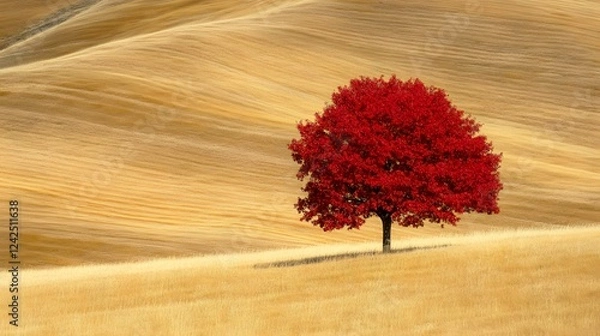 Fototapeta A lone tree with bright red leaves standing in a gold landscape