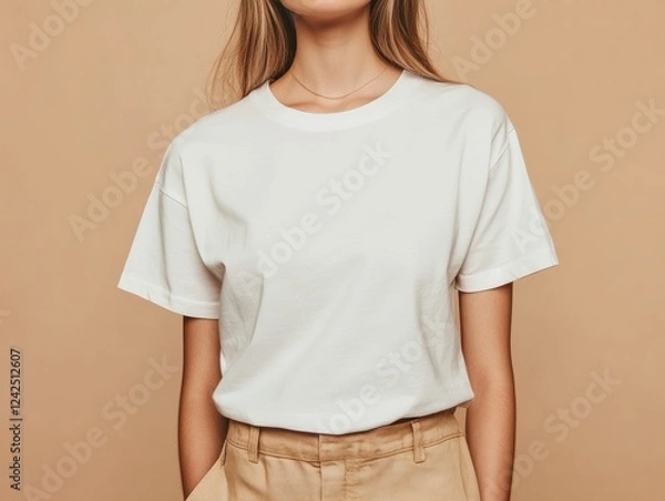 Fototapeta Person in a Plain White T Shirt Wearing Khaki Pants Against Beige Backdrop Presentation Image