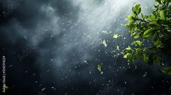 Fototapeta Green Leaves and Branches in a Dramatic Rainstorm