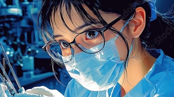 Fototapeta Surgical nurse assists in an anime-themed operating room during a critical medical procedure in a fictional setting