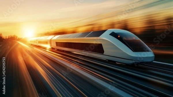 Fototapeta Solar-powered sleek bullet train in motion concept of modern rail travel Motion blur