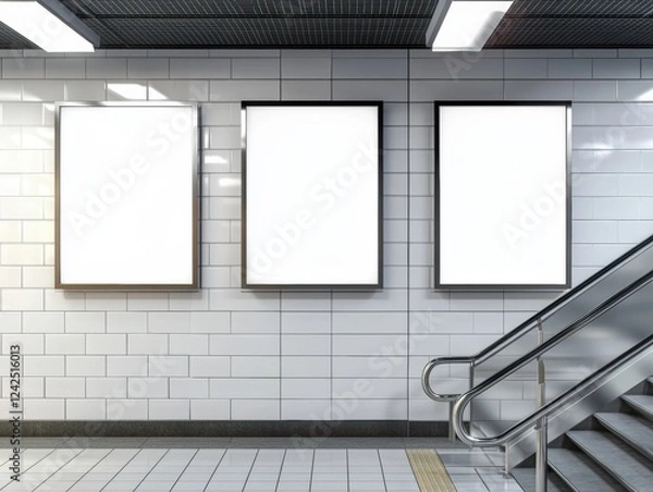 Fototapeta Subway Station with Advertisement Space Three Blank Posters and Escalator Urban Transit Display