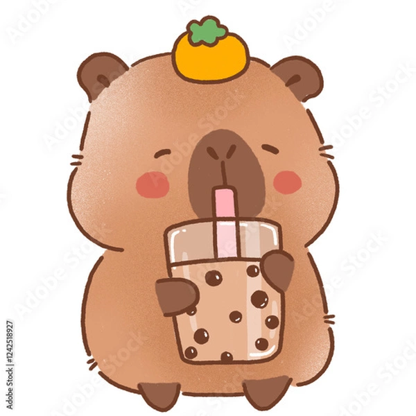 Obraz Cute capybara cartoon animal enjoying drink with cheerful expression
