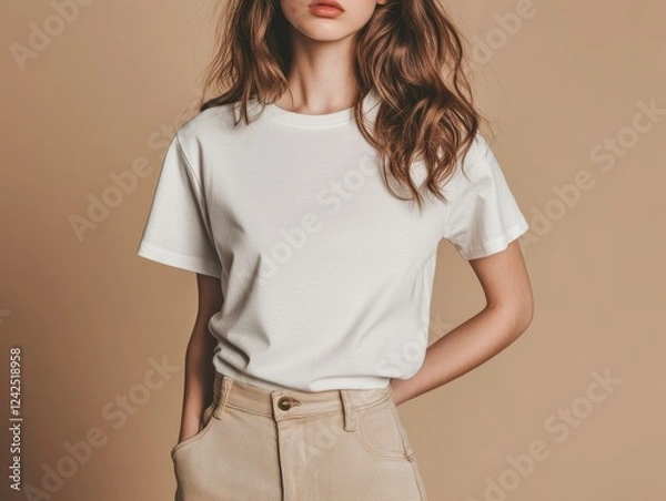 Fototapeta Woman with Neutral Expression Wearing a Simple White T Shirt and Khaki Trousers in Studio Shot