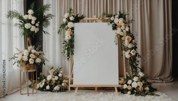 Fototapeta A clean and elegant blank white welcome sign on an easel, set against a stylish modern boho wedding backdrop