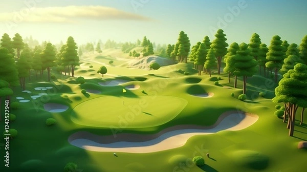 Fototapeta 3D isometric beautiful golf course with vibrant green fairway, flag positioned on the side, golden hour light and tranquil sky with trees in the background