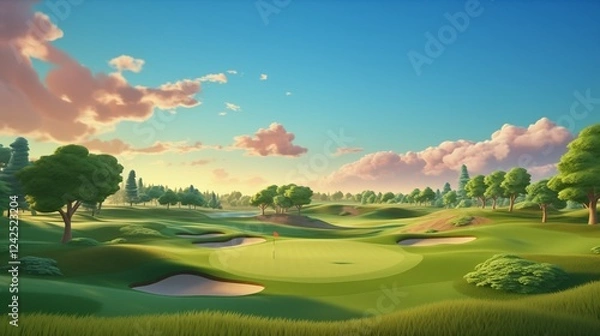 Fototapeta 3D isometric beautiful golf course with vibrant green fairway, flag positioned on the side, golden hour light and tranquil sky with trees in the background