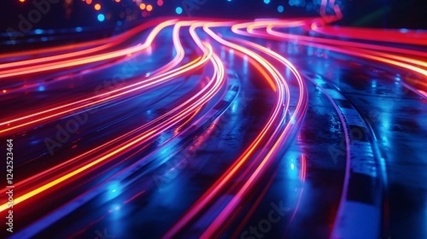 Fototapeta Abstract Neon Light Trails Dynamic Flow of Energy and Speed