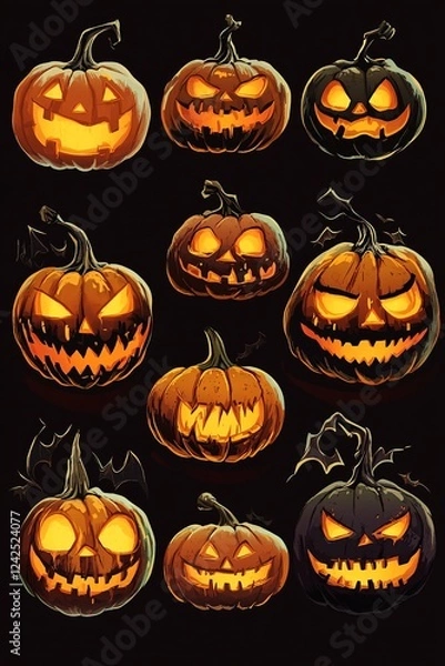 Fototapeta Nine spooky halloween pumpkins glowing in the dark with scary faces
