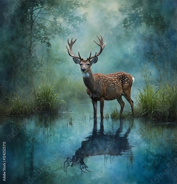 Obraz An artistic watercolor painting of a swamp deer in a dreamy landscape of blues and greens.