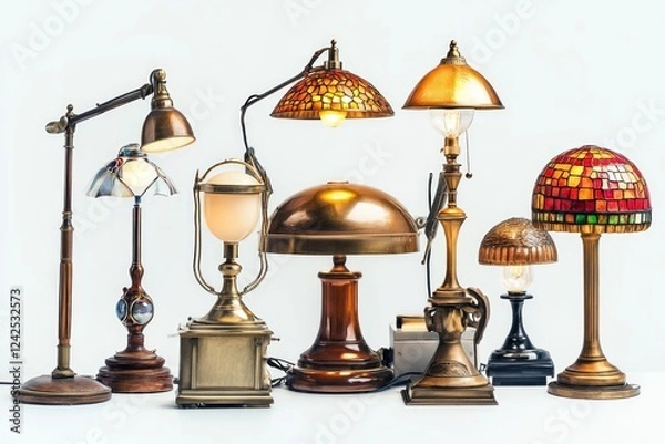 Fototapeta 1869. Multi-tiered view on a set of desk lamps, studio lighting, isolated on a white background --ar 3:2 --v 6.1 Job ID: 9504afb6-afe7-48cd-8bea-d45c1379ece8