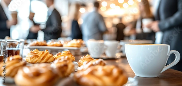 Fototapeta A networking coffee break at a corporate event, participants mingling with blurred focus on elegant pastries and coffee cups.