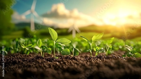 Fototapeta Green Sprouts Growing in Soil with Windmills in Background