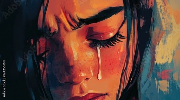 Obraz Emotionally charged portrait of a young woman with long dark hair, tears streaming down her freckled cheeks, captured in warm earthy tones.