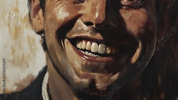 Obraz Smiling middle-aged man with medium skin tone showcasing bright white teeth, set against a soft beige background, capturing warmth and joy in close-up portrait.