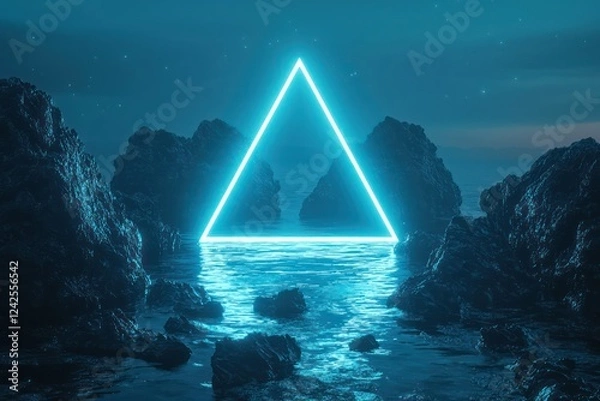 Fototapeta Softly glowing water surface and jagged black rocks highlighted by a suspended triangular frame in pastel blue neon.