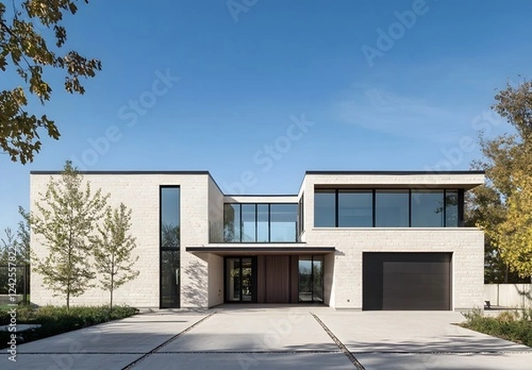 Fototapeta Modern White Brick House With Large Windows