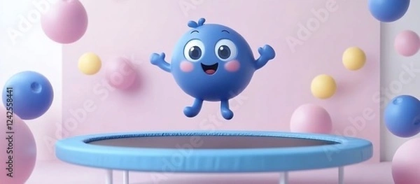 Fototapeta Colorful animated character joyfully bouncing on a trampoline surrounded by playful pastel balloons