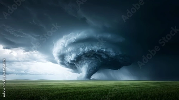 Fototapeta Imposing Dark Supercell Tornado over Green Field