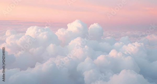 Fototapeta Dreamy cloudscape background. Soft pastel hues, pink, lavender, blue. Fluffy clouds floating in a surreal sky.