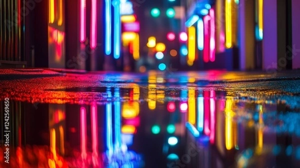 Fototapeta Multi-colored neon lights on a dark street reflection of neon light in puddles and water Abstract night background blurred bokeh light Night view
