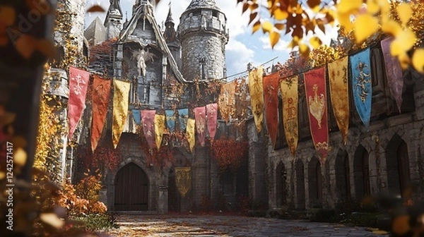Obraz Stone Castle Courtyard with Autumn Foliage and Banners