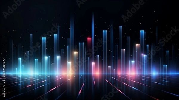 Fototapeta 3D isometric gradient with vertical lines of light, stars, and a bokeh effect, isolated on a black background, perfect for digital presentations