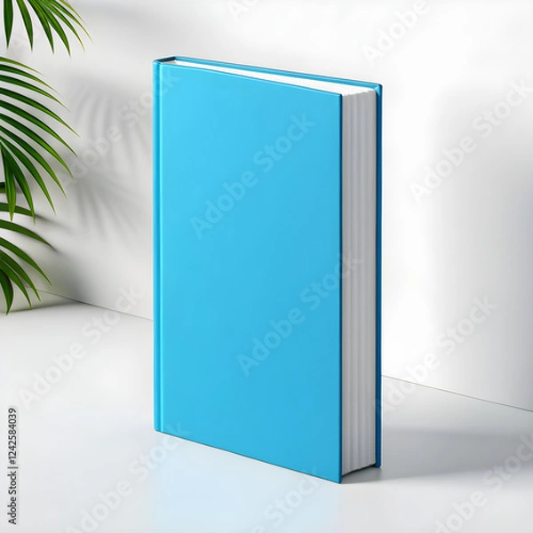 Obraz Minimalist Blue Book Mockup with White Background and Green Leaves

