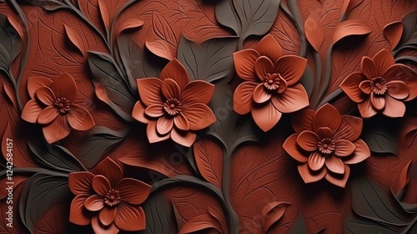 Fototapeta 3D isometric high angle seamless embossed leather flowers and leaves texture, isolated on a clean background, elegant design
