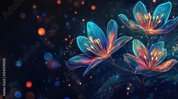 Obraz Glowing Blue Flowers Dark Background Sparkle
