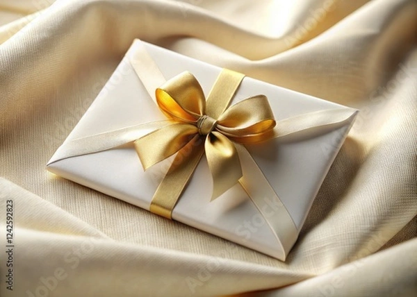 Fototapeta Luxurious wedding invitation: elegant white envelope, golden ribbon, pristine product shot.