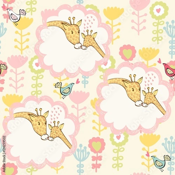 Fototapeta Stylish floral background with cartoon giraffe in light colors.