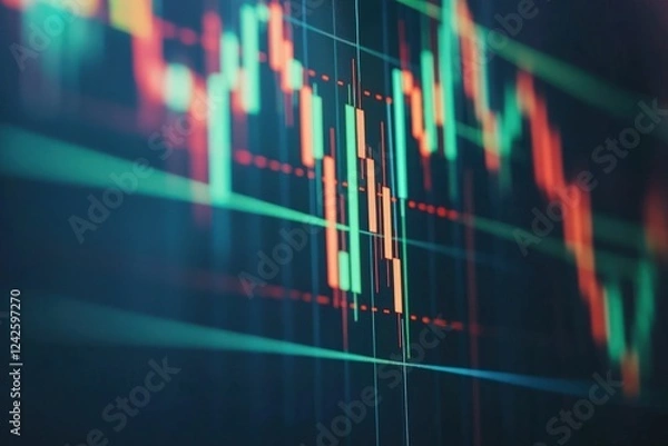 Fototapeta Close-up of trading candlestick graph with real-time data
