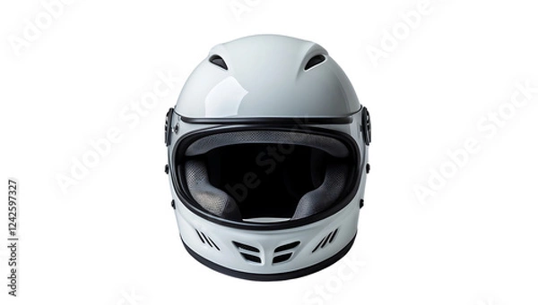Obraz Modern white full-face motorcycle helmet with visor on transparent background, high-quality protective gear for bikers, motorsports, and road safety
