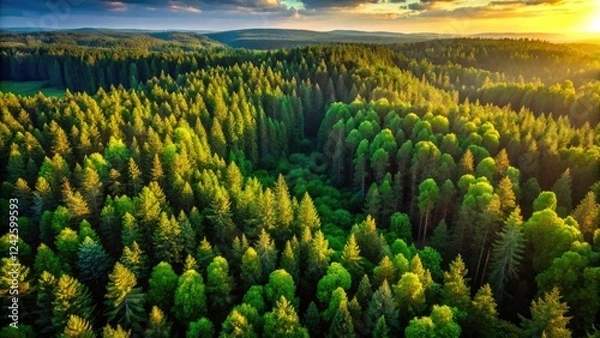 Fototapeta Sun-drenched pine forest edge, viewed from above; high-resolution drone photography captures summer's vibrant canopy.