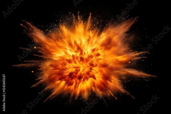 Fototapeta Fiery orange explosion, black background, dramatic effect, design element