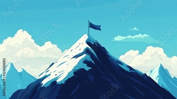 Fototapeta Summit Success: A stylized illustration of a snow-capped mountain peak with a flag planted at its summit, symbolizing achievement and reaching the top.  