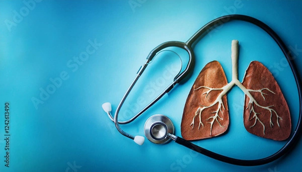 Obraz Generated image, Medical stethoscope and artificial human lungs model on a blue background, symbolizing respiratory health, tuberculosis awareness, and lung disease prevention