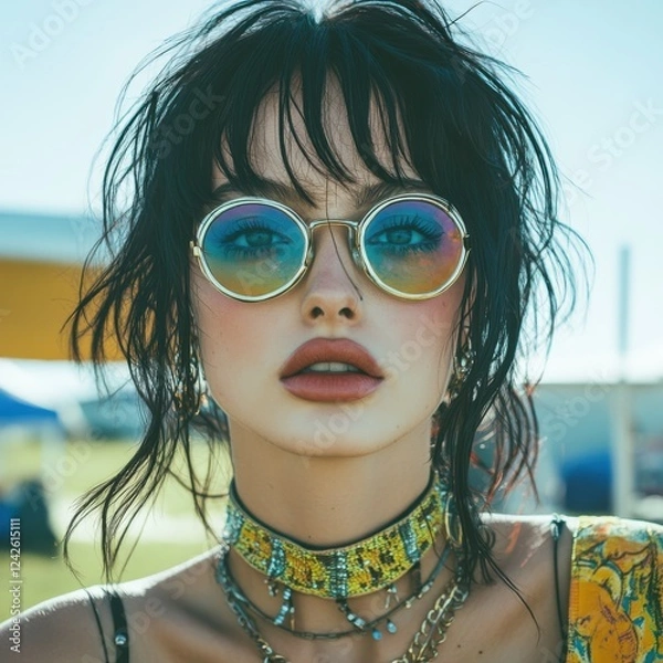 Obraz Woman in sunglasses and necklace with alternative street style in urban setting photography